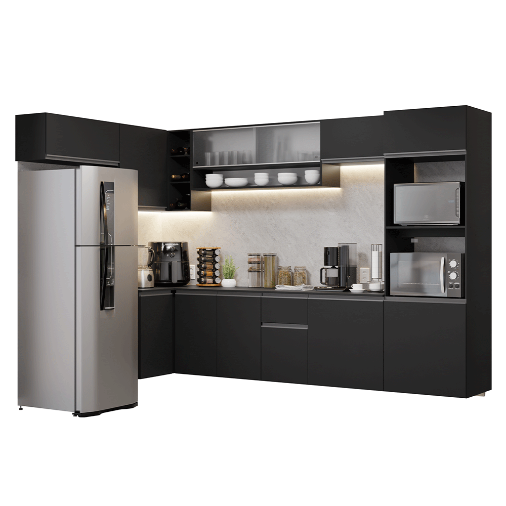 Armário de Cozinha Completa de Canto Suspenso 465 cm Preto Nice Madesa 02