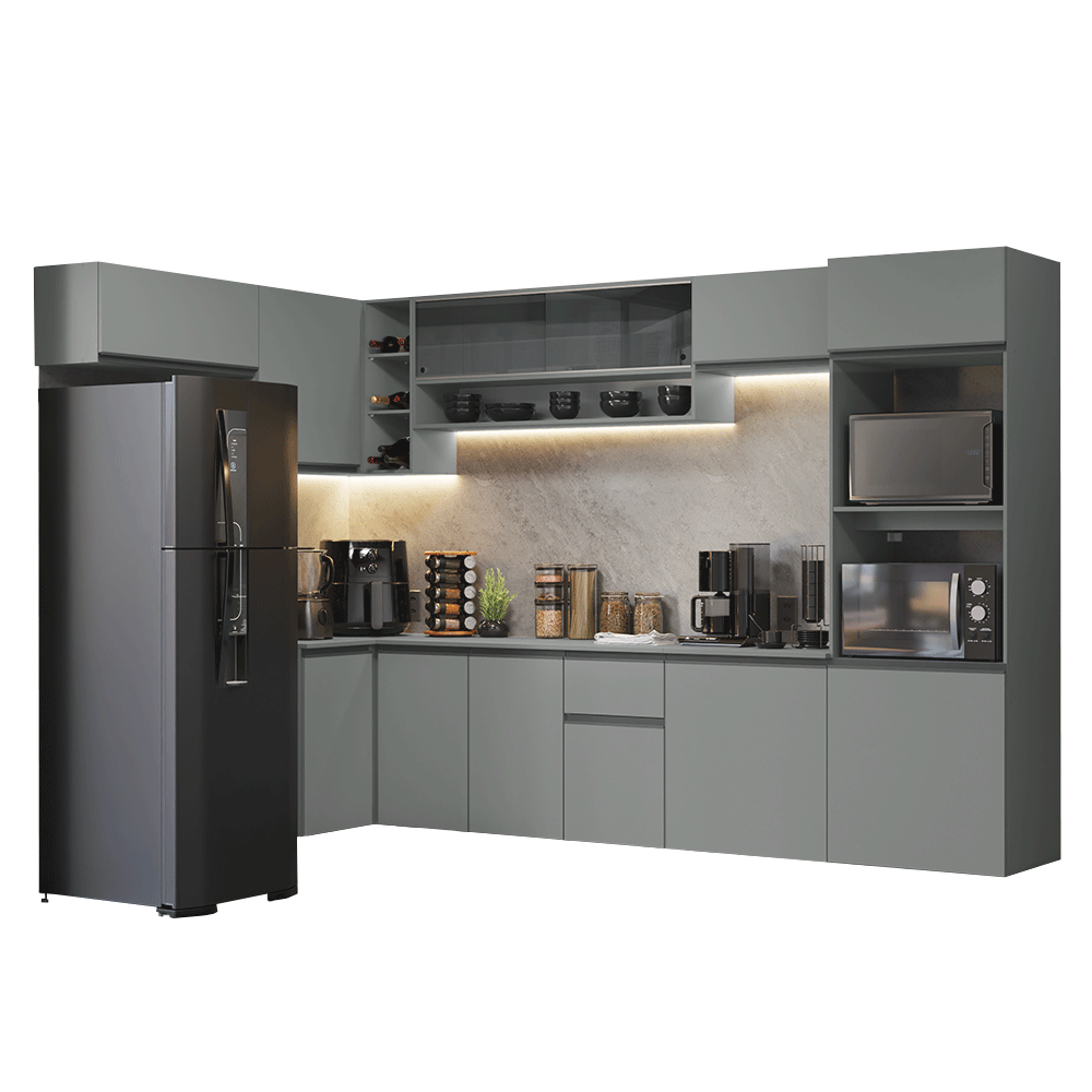 Armário de Cozinha Completa de Canto Suspenso 465cm Cinza Nice Madesa 03