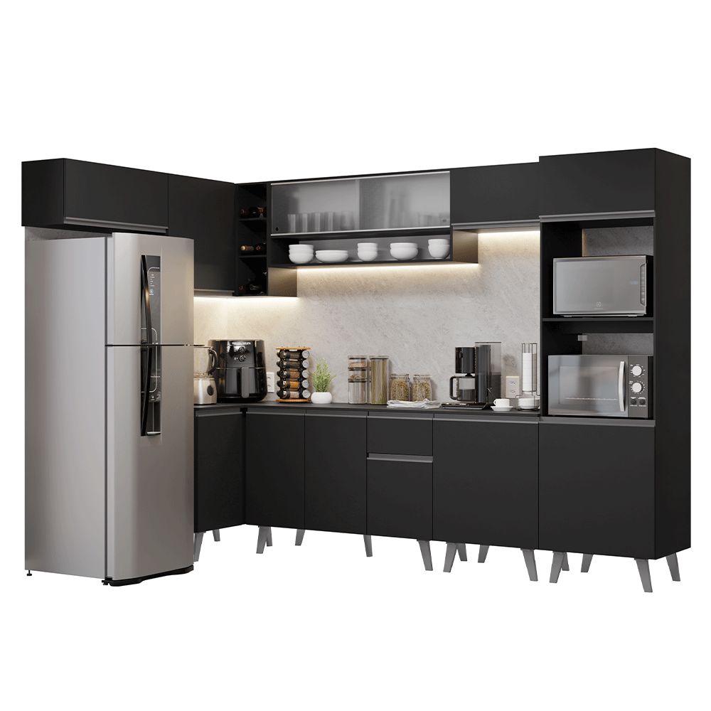 Armário de Cozinha Completa de Canto 465 cm Preto Nice Madesa 04