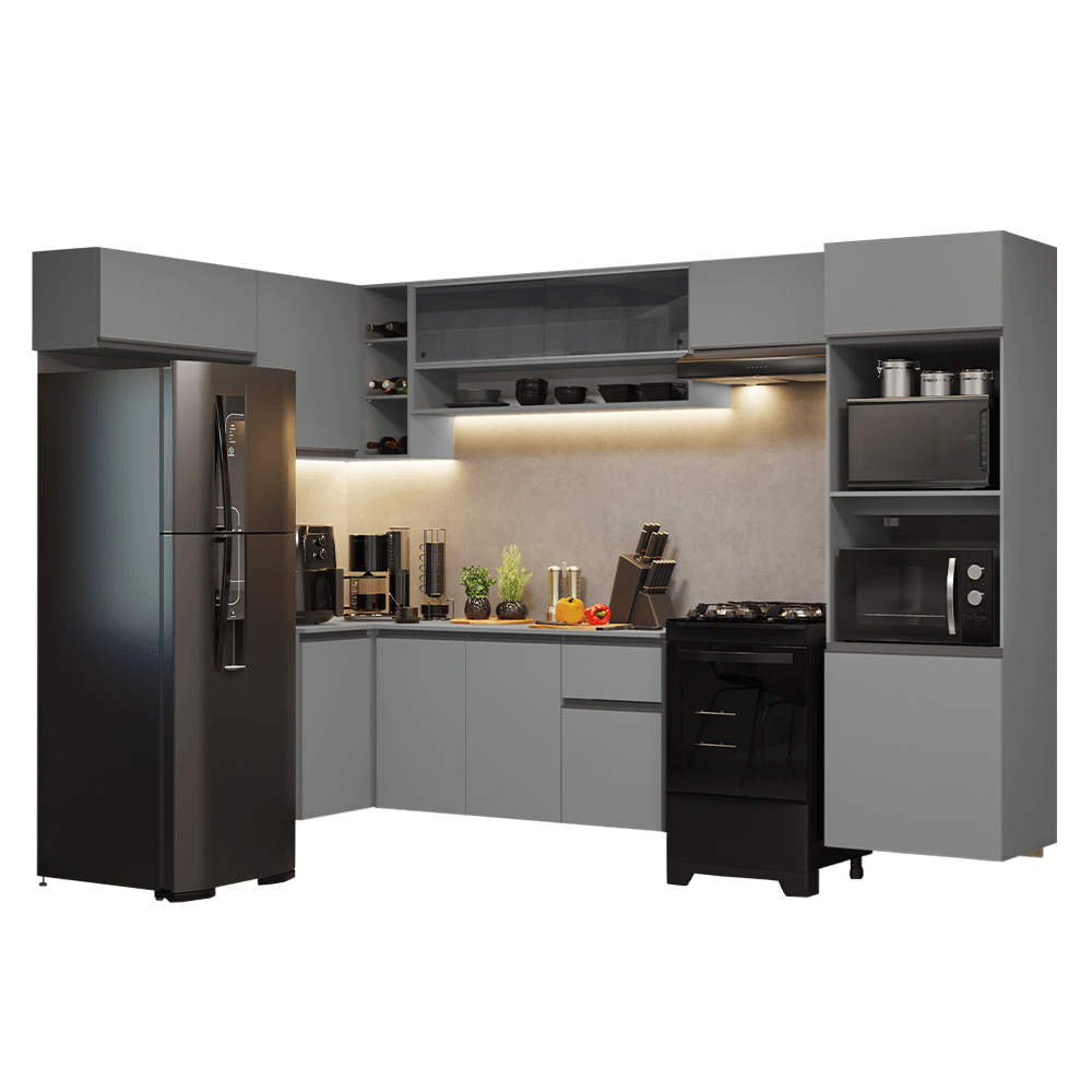 Armário de Cozinha Completa de Canto Suspenso 465cm Cinza Nice Madesa 07