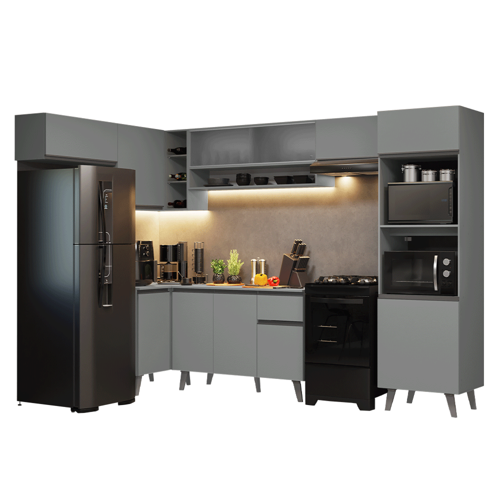 Armário de Cozinha Completa de Canto 465cm Cinza Nice Madesa 08