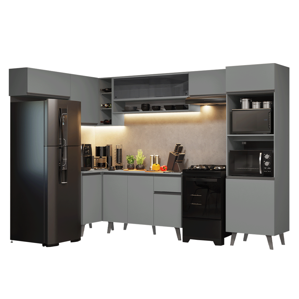 Armário de Cozinha Completa de Canto 465cm Cinza Nice Madesa 09