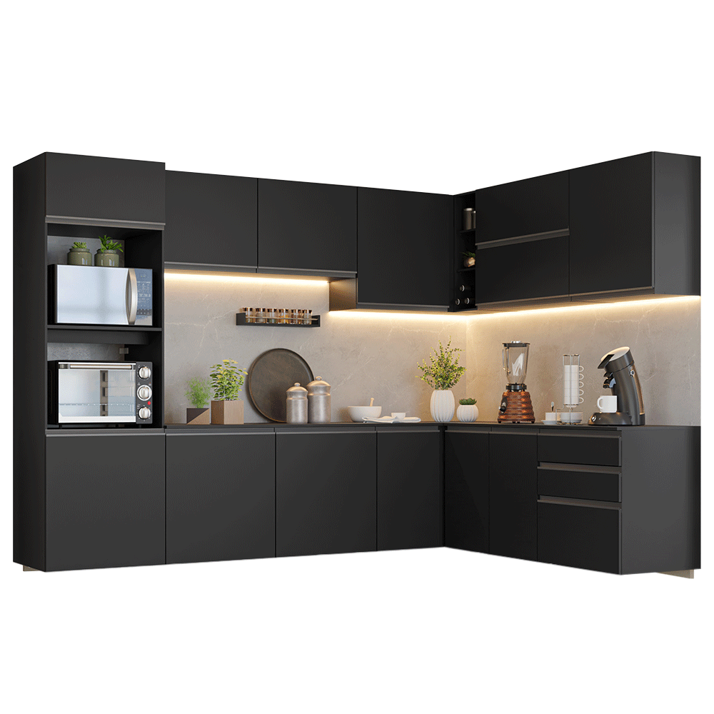 Armário de Cozinha Completa de Canto 465 cm Suspenso Preto Nice Madesa 10