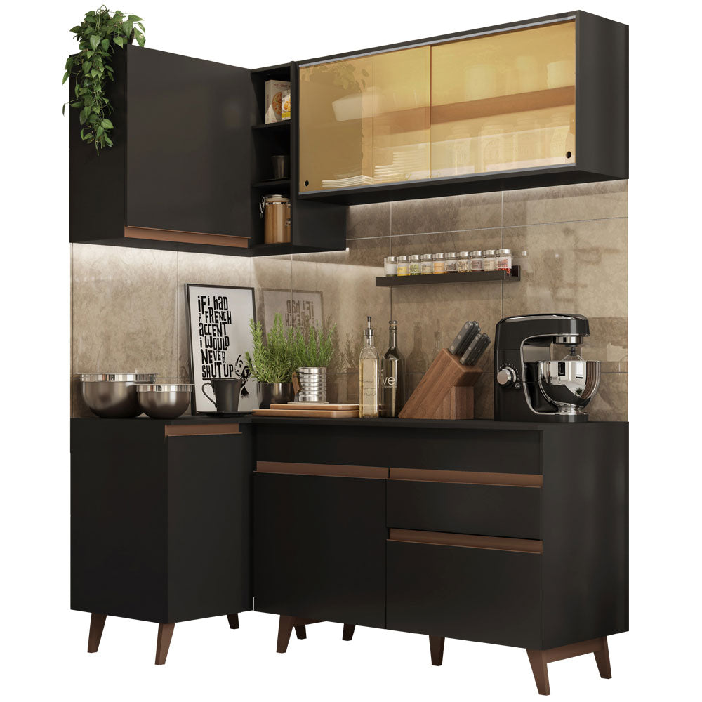 Armário de Cozinha Completa de Canto 262cm Preto Reims Madesa 01