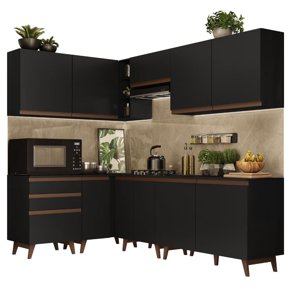 Armário de Cozinha Completa de Canto 392cm Preto Reims Madesa 02