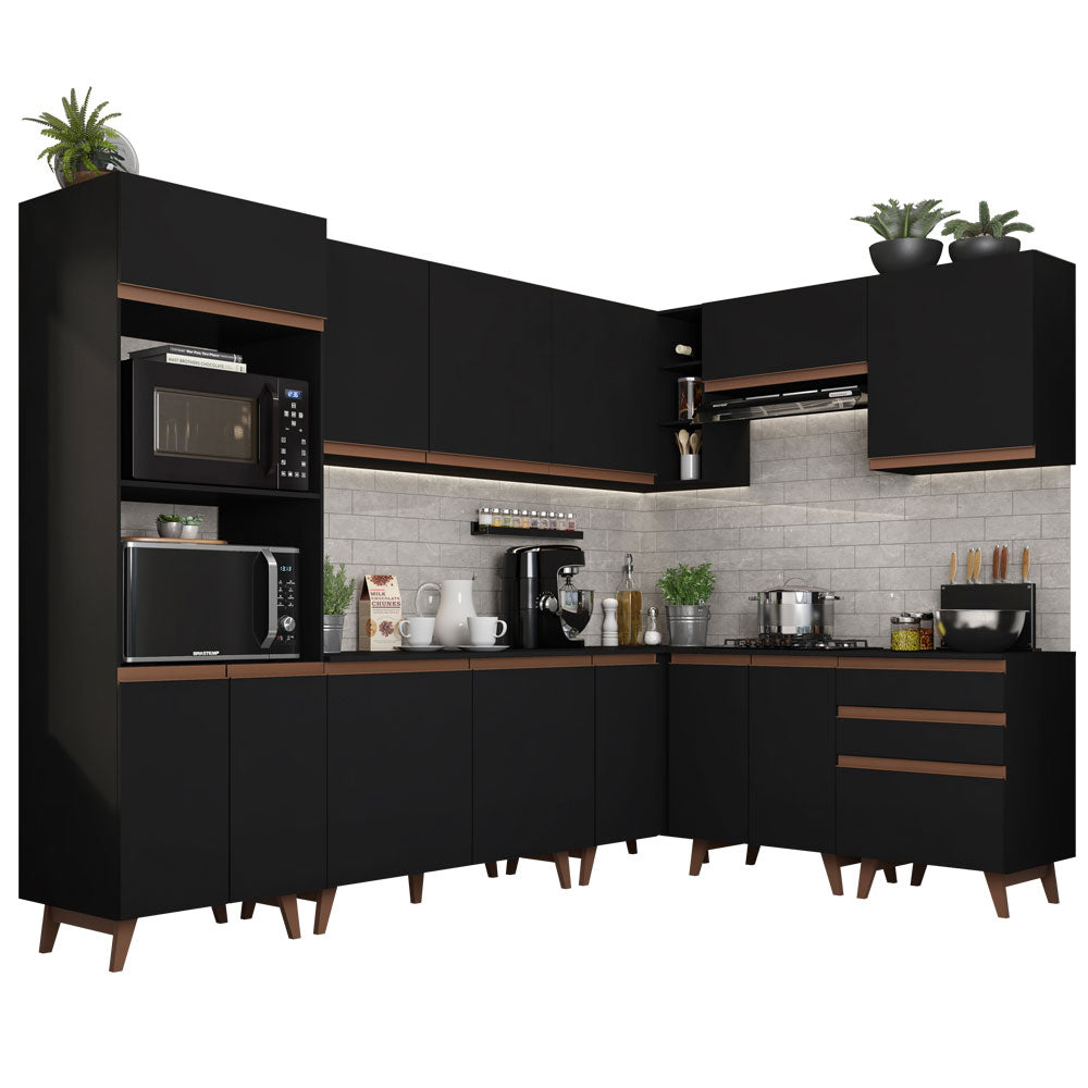 Armário de Cozinha Completa de Canto 462cm Preto Reims Madesa 01