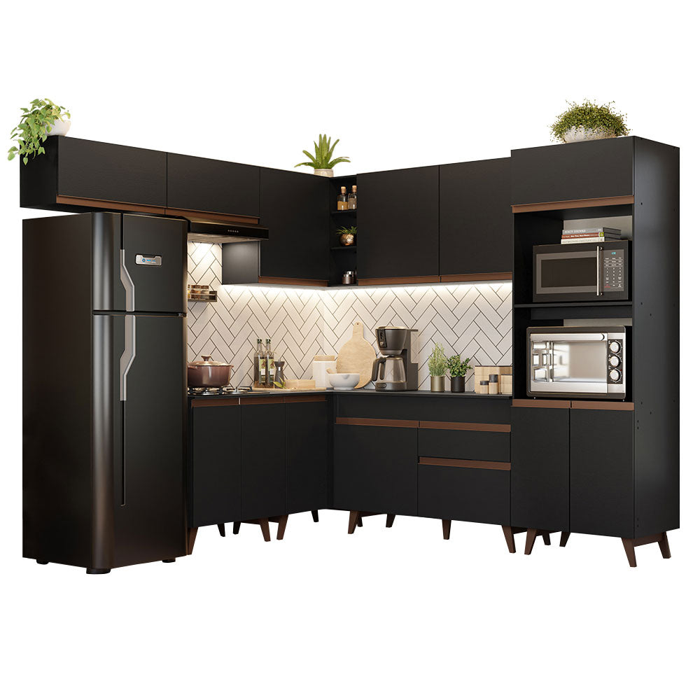 Armário de Cozinha Completa de Canto 472cm Preto Reims Madesa 01