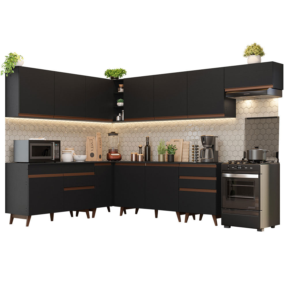 Armário de Cozinha Completa de Canto 512cm Preto Reims Madesa 01