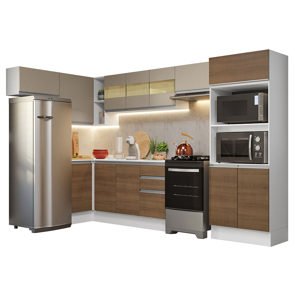 Armário de Cozinha Completa de Canto 100% MDF 447cm Branco/Rustic/Crema Smart Madesa 01