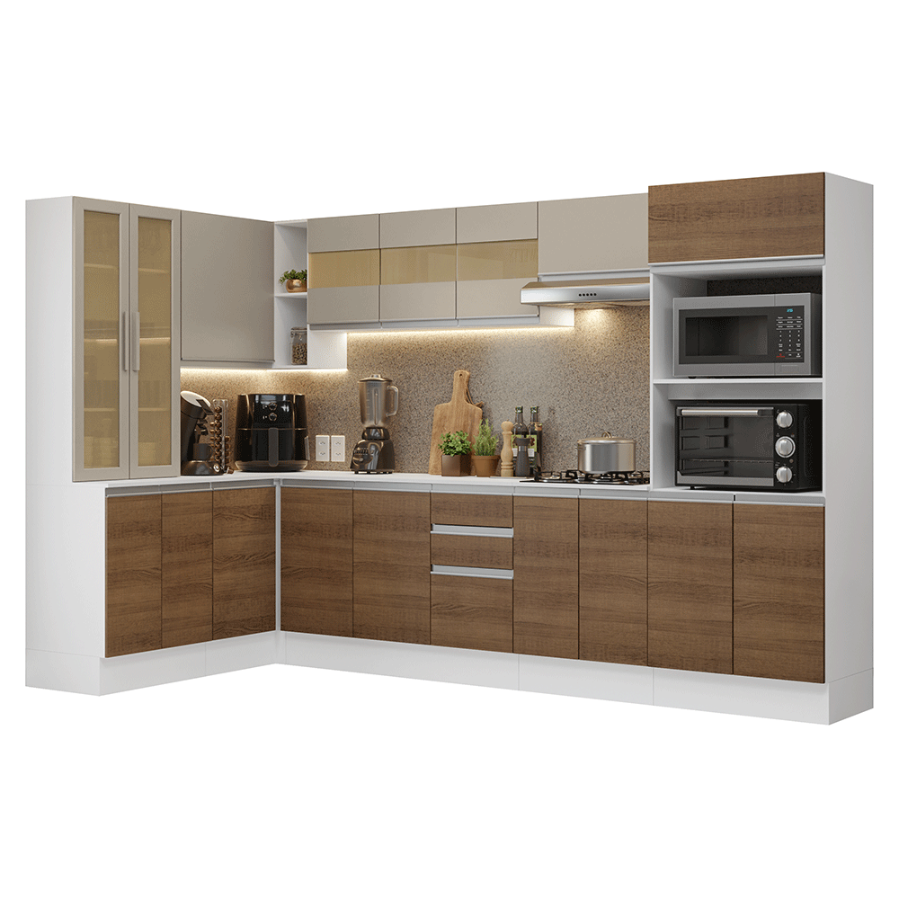 Armário de Cozinha Completa de Canto 100% MDF 447 cm Branco/Rustic/Crema Smart Madesa 02