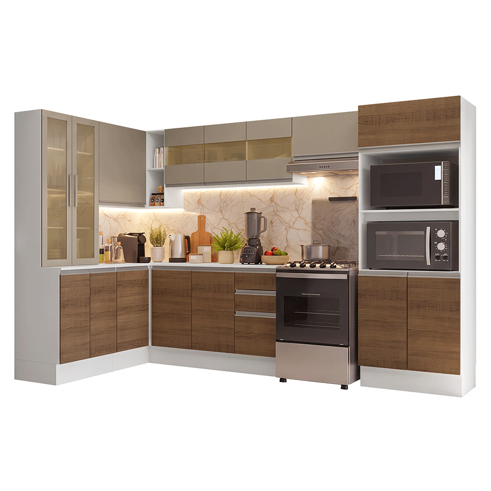 Armário de Cozinha Completa de Canto 100% MDF 447 cm Branco/Rustic/Crema Smart Madesa 03