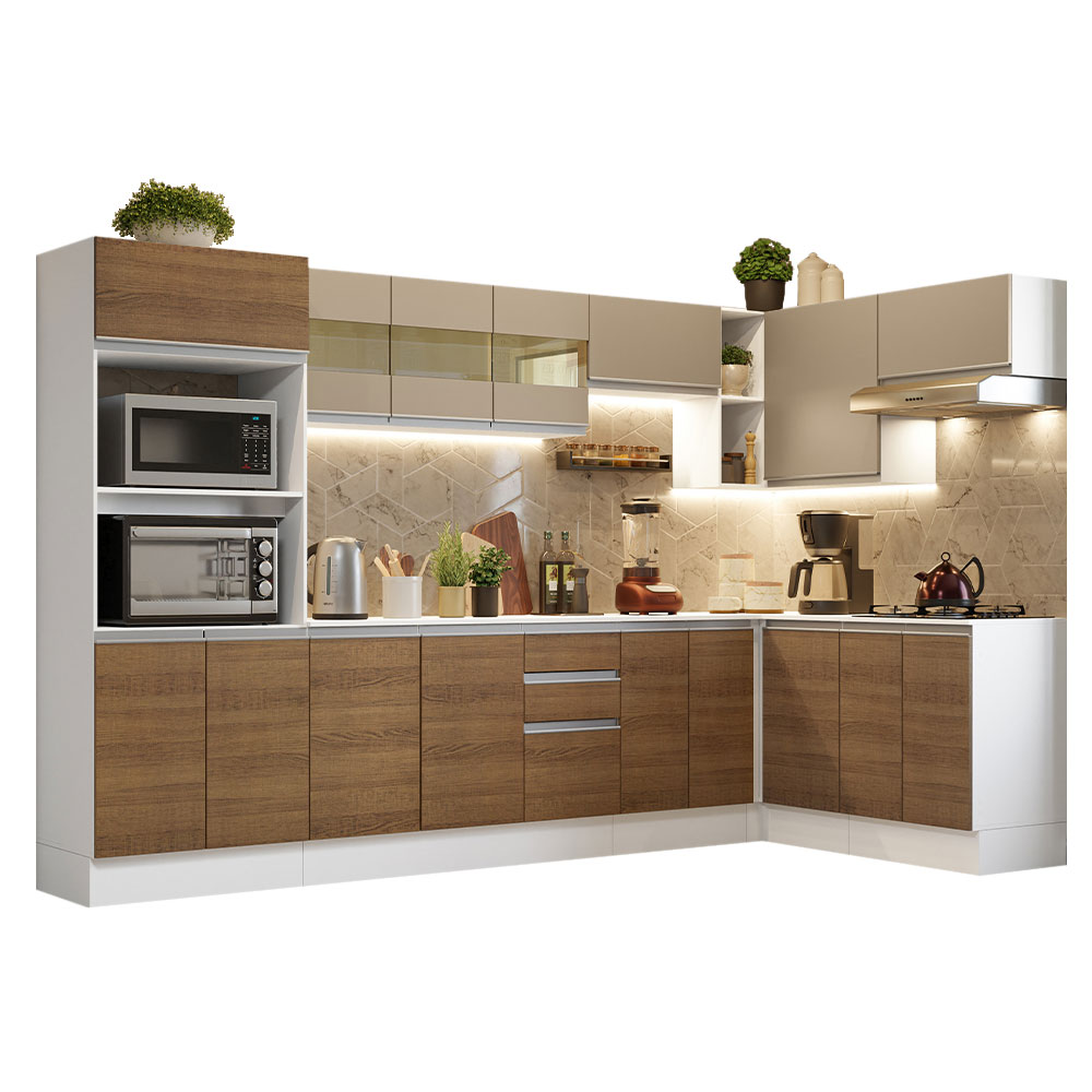 Armário de Cozinha Completa de Canto 100% MDF 448cm Branco/Rustic/Crema Smart Madesa 01