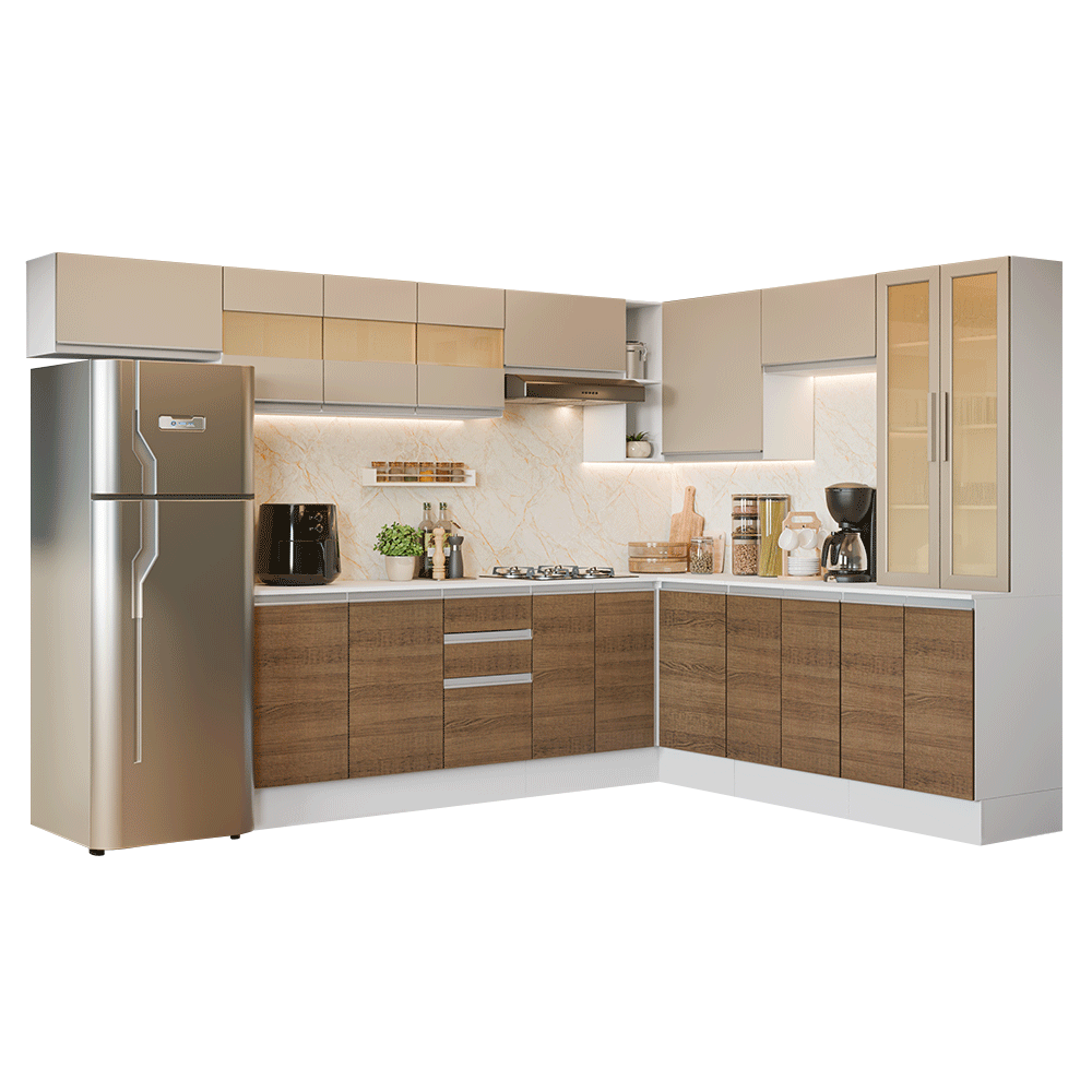 Armário de Cozinha Completa de Canto 507 cm Branco/Rustic/Crema Smart 100% MDF Madesa 01