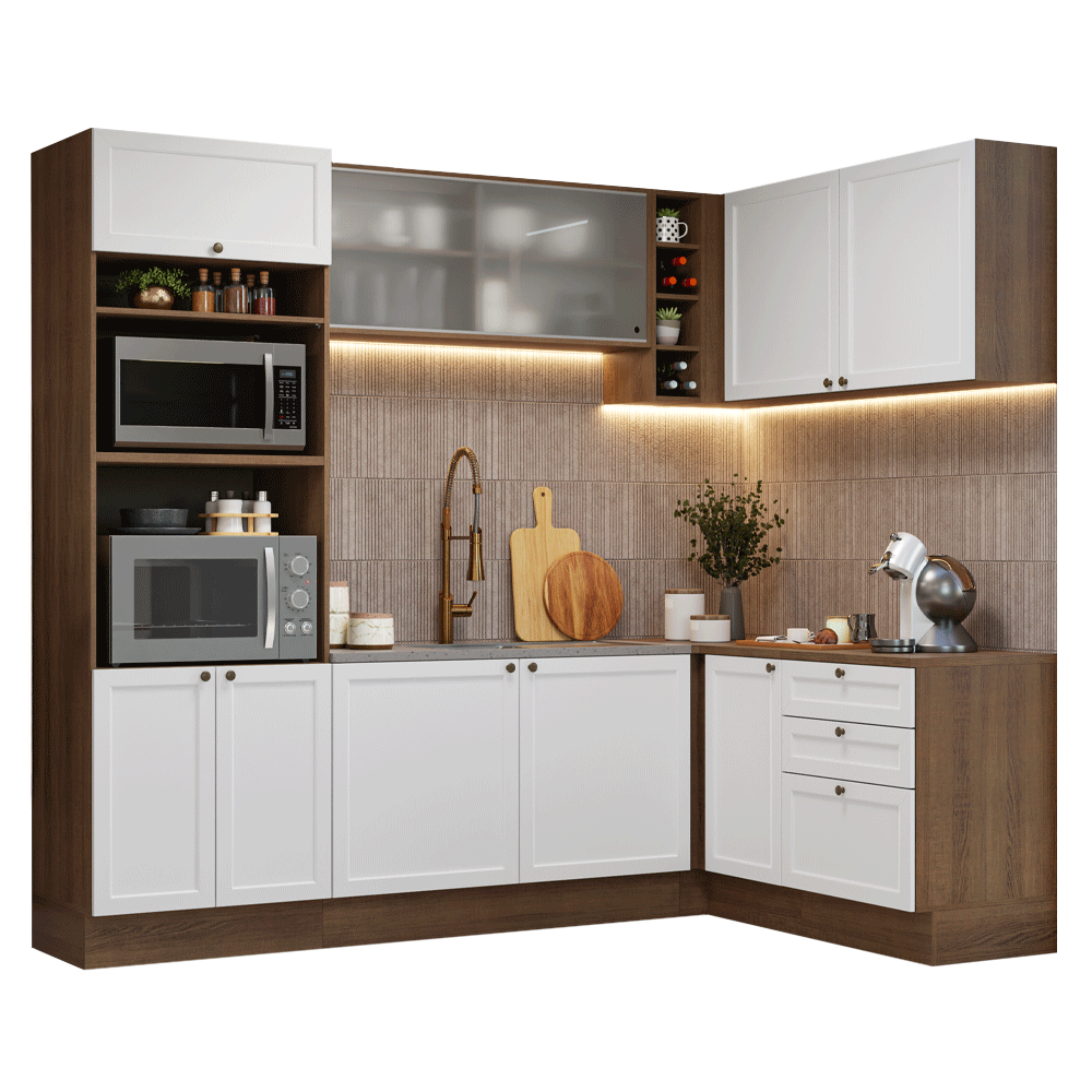 Armário de Cozinha Completa de Canto 399 cm Rustic/Branco Vik Madesa 01