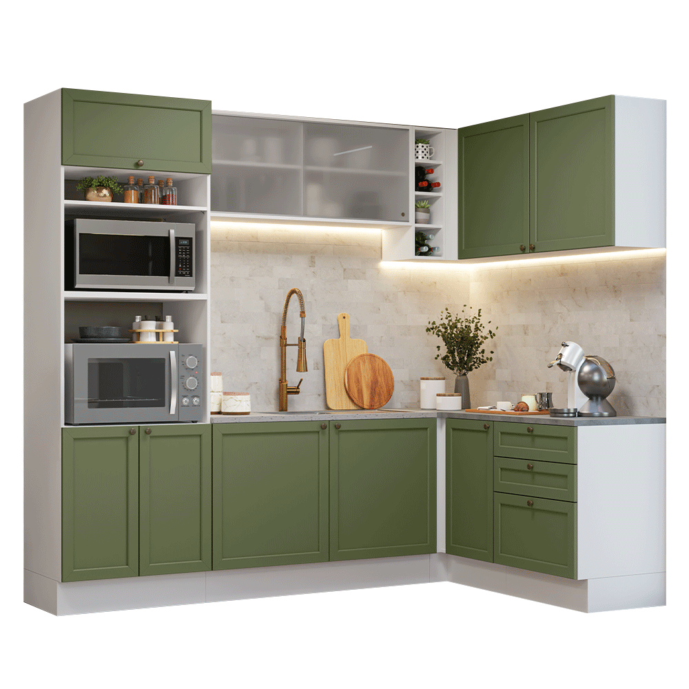Armário de Cozinha Completa de Canto 399 cm Branco/Verde Vik Madesa 01