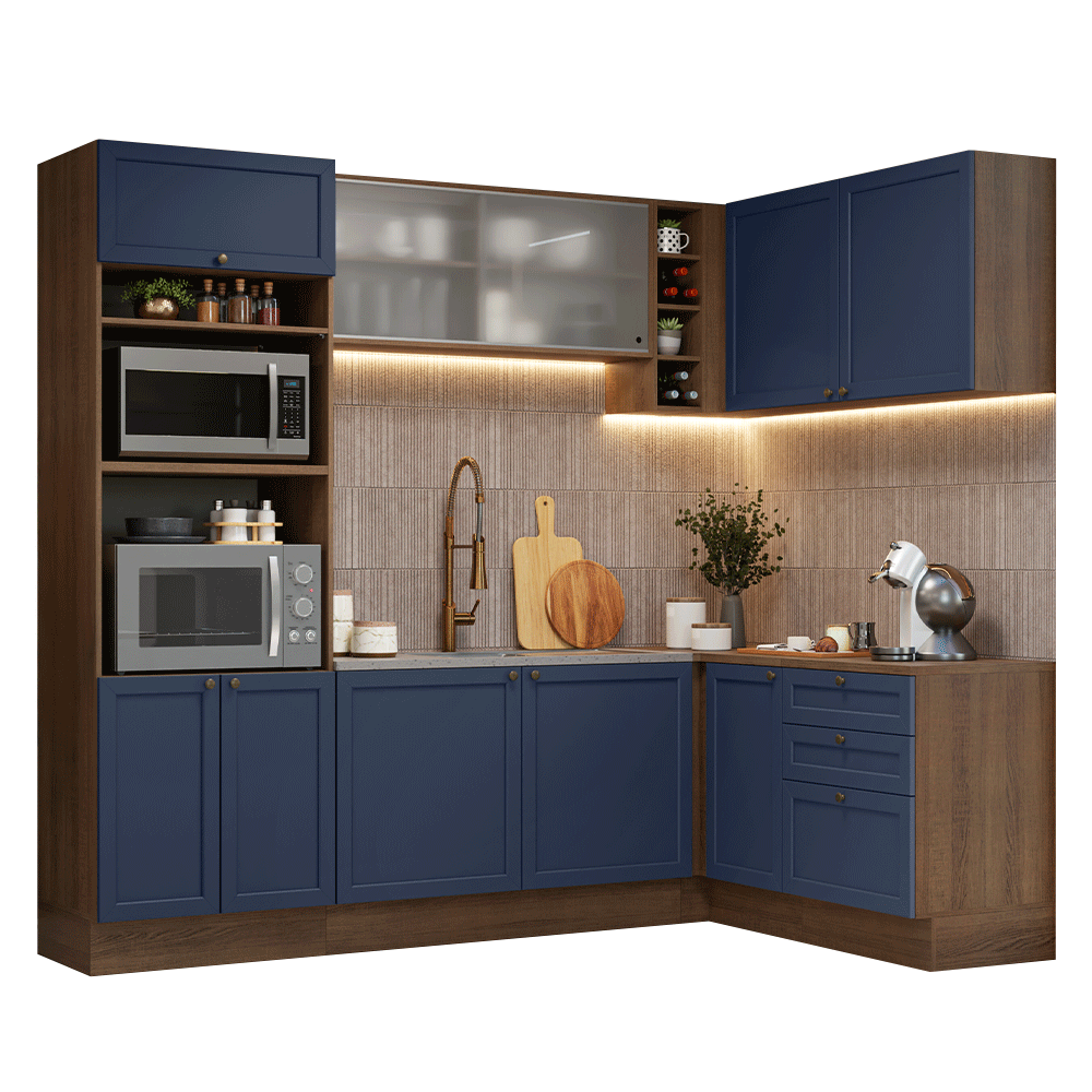Armário de Cozinha Completa de Canto 399 cm Rustic/Azul Vik Madesa 01