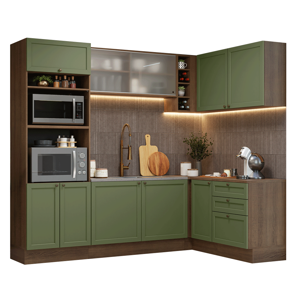 Armário de Cozinha Completa de Canto 399 cm Rustic/Verde Vik Madesa 01