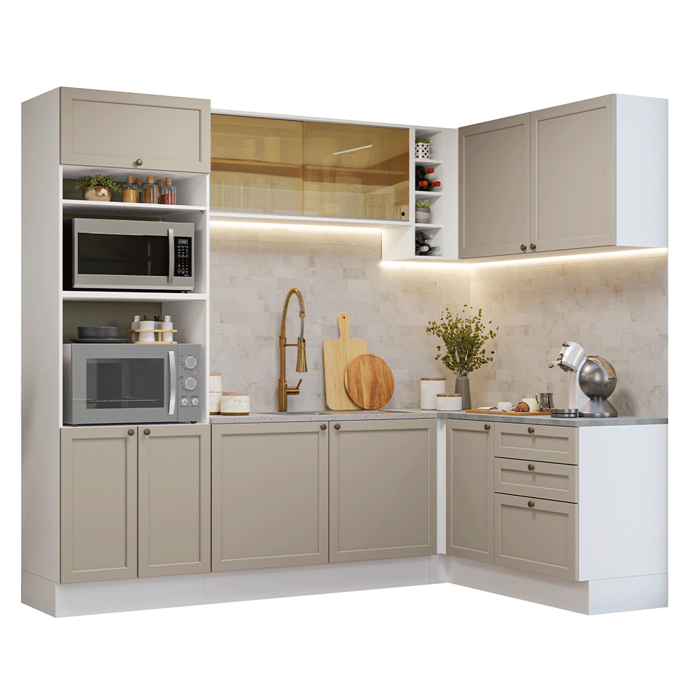 Armário de Cozinha Completa de Canto 399 cm Branco/Crema Vik Madesa 02