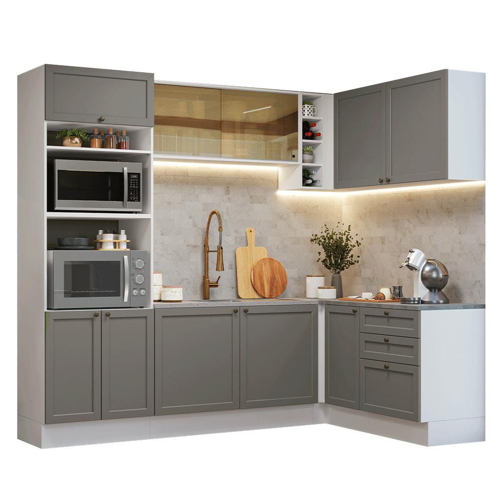Armário de Cozinha Completa de Canto 399 cm Branco/Cinza Vik Madesa 02