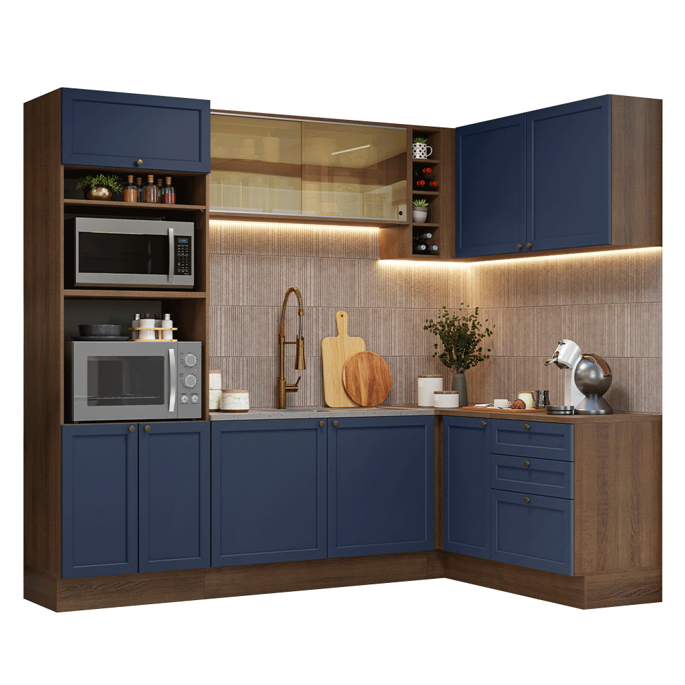 Armário de Cozinha Completa de Canto 399 cm Rustic/Azul Vik Madesa 02