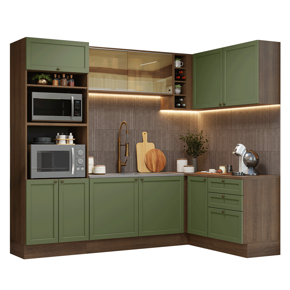 Armário de Cozinha Completa de Canto 399 cm Rustic/Verde Vik Madesa 02