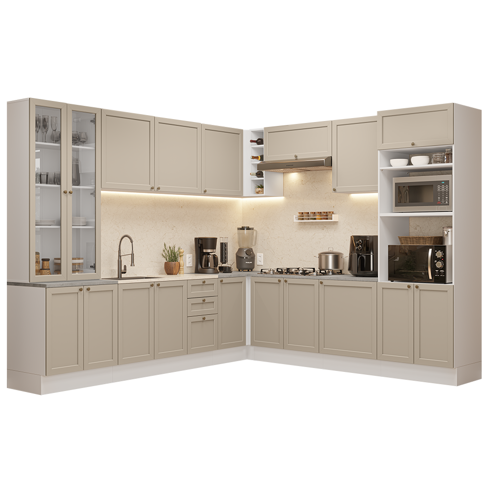 Armário de Cozinha Completa de Canto 549 cm Branco/Crema Vik Madesa 01
