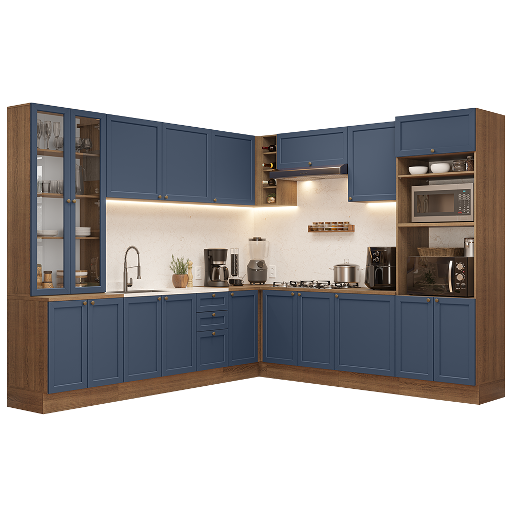 Armário de Cozinha Completa de Canto 549 cm Rustic/Azul Vik Madesa 01