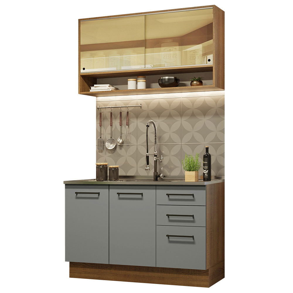 Cozinha Compacta Agata Madesa 4 Portas 3 Gavetas MDP Rustic/Cinza 225x120x52cm
