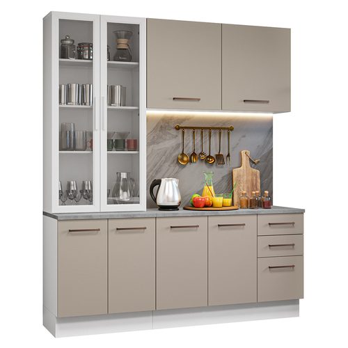Armário de Cozinha Compacta 190cm com Cristaleira Branco/Crema Agata Madesa 01