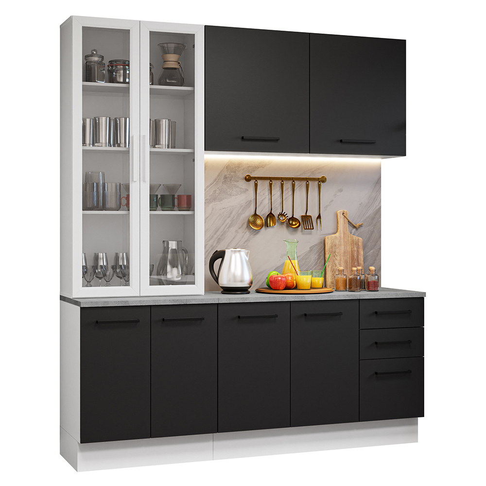 Armário de Cozinha Compacta 190cm com Cristaleira Branco/Preto Agata Madesa 01