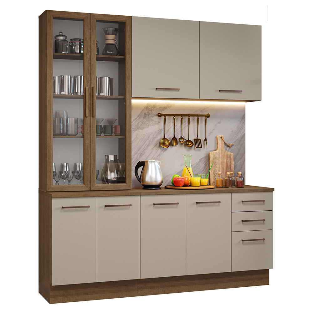 Armário de Cozinha Compacta 190cm com Cristaleira Rustic/Crema Agata Madesa 01