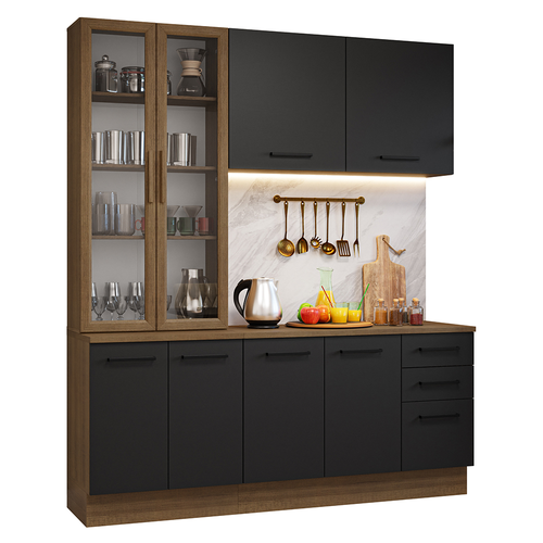 Armário de Cozinha Compacta 190cm com Cristaleira Rustic/Preto Agata Madesa 01