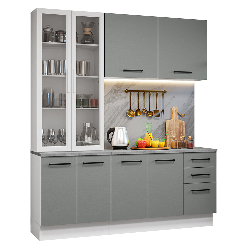 Armário de Cozinha Compacta 190cm com Cristaleira Branco/Cinza Agata Madesa 01