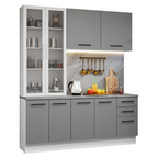 Armário de Cozinha Compacta 190cm com Cristaleira Branco/Cinza Agata Madesa 01