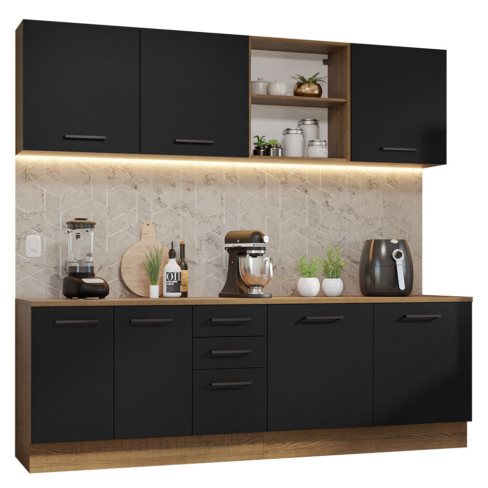 Armário de Cozinha Completa 240cm Rustic/Preto 60cm de Profundidade Agata Madesa 02
