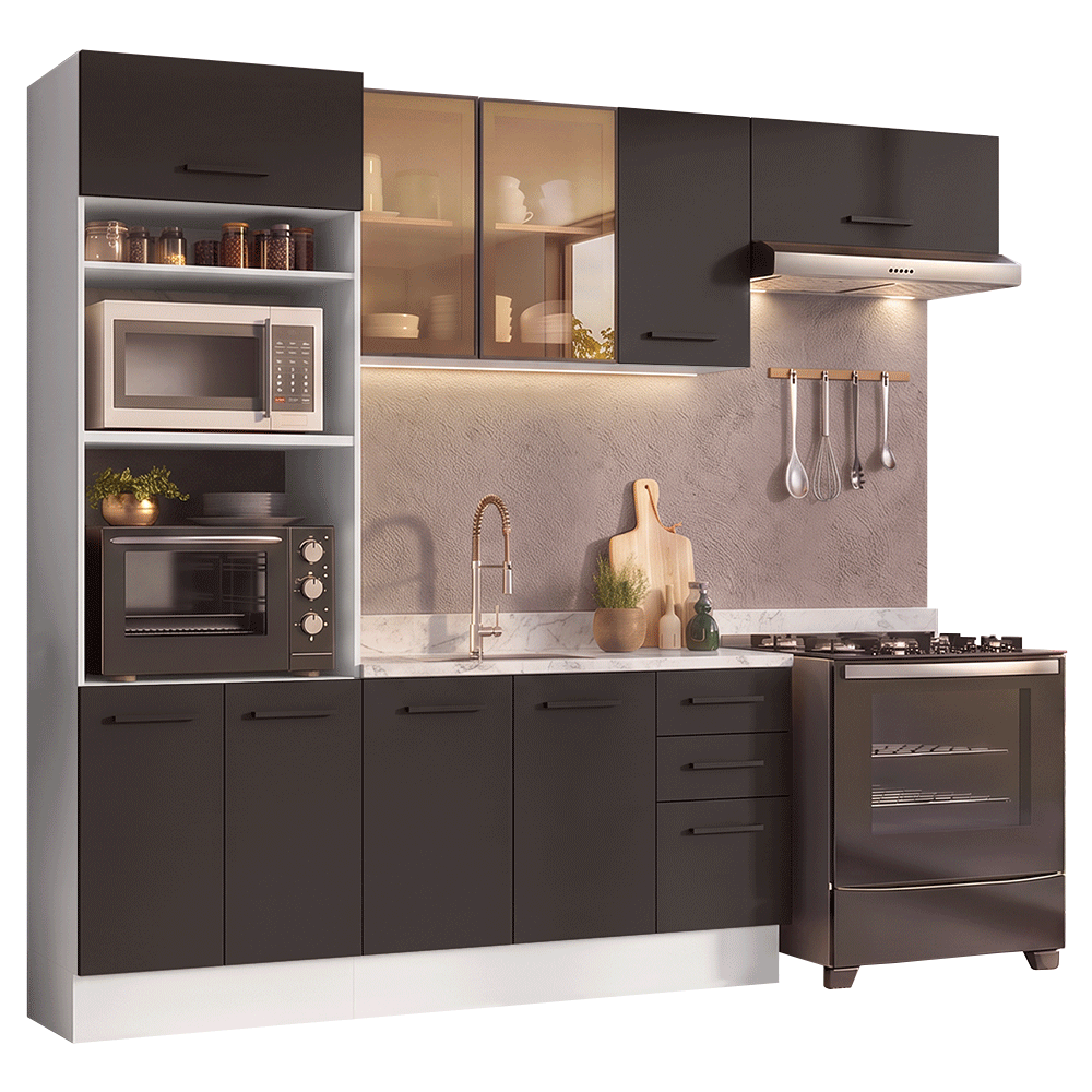 Armário de Cozinha Completa 270 cm Branco/Preto Agata Madesa 13