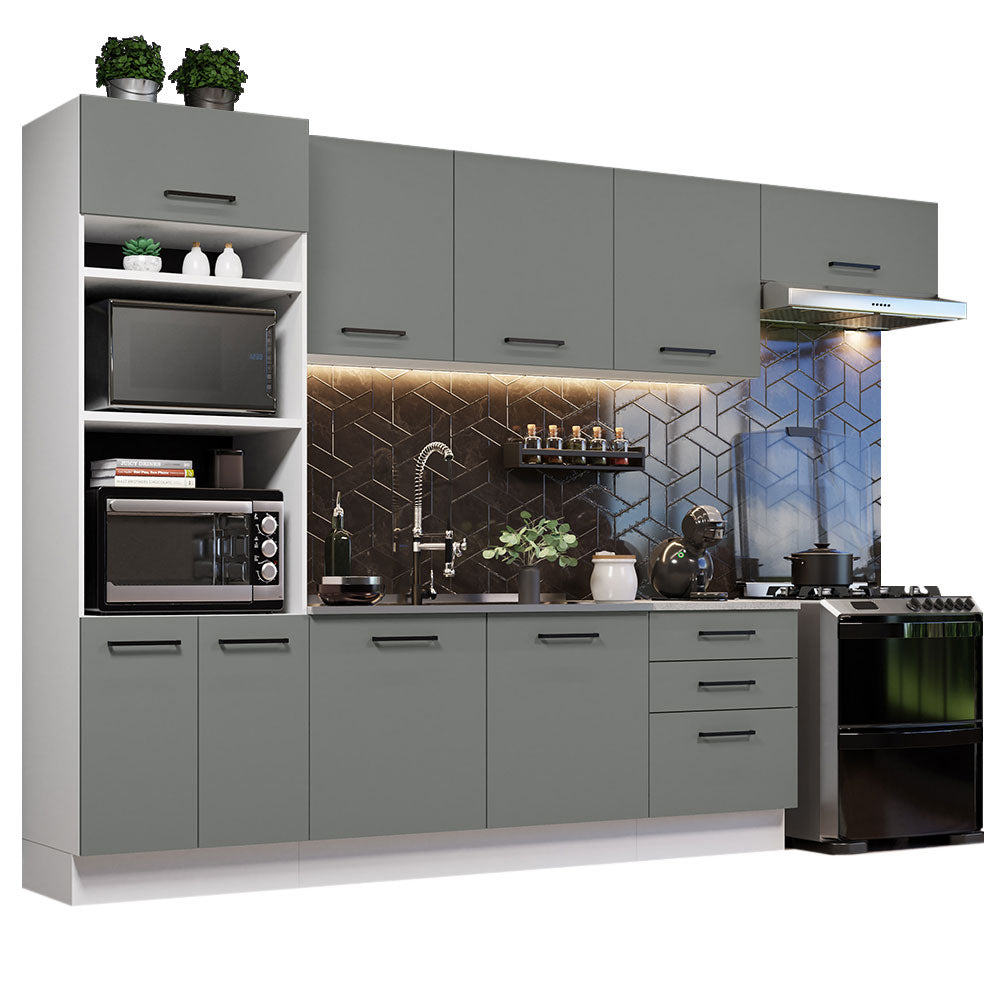 Armário de Cozinha Completa 330cm Branco Cinza Agata Madesa 01