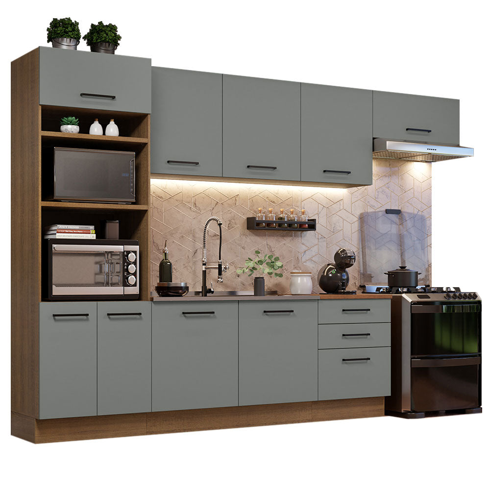 Armário de Cozinha Completa 330cm Rustic Cinza Agata Madesa 01