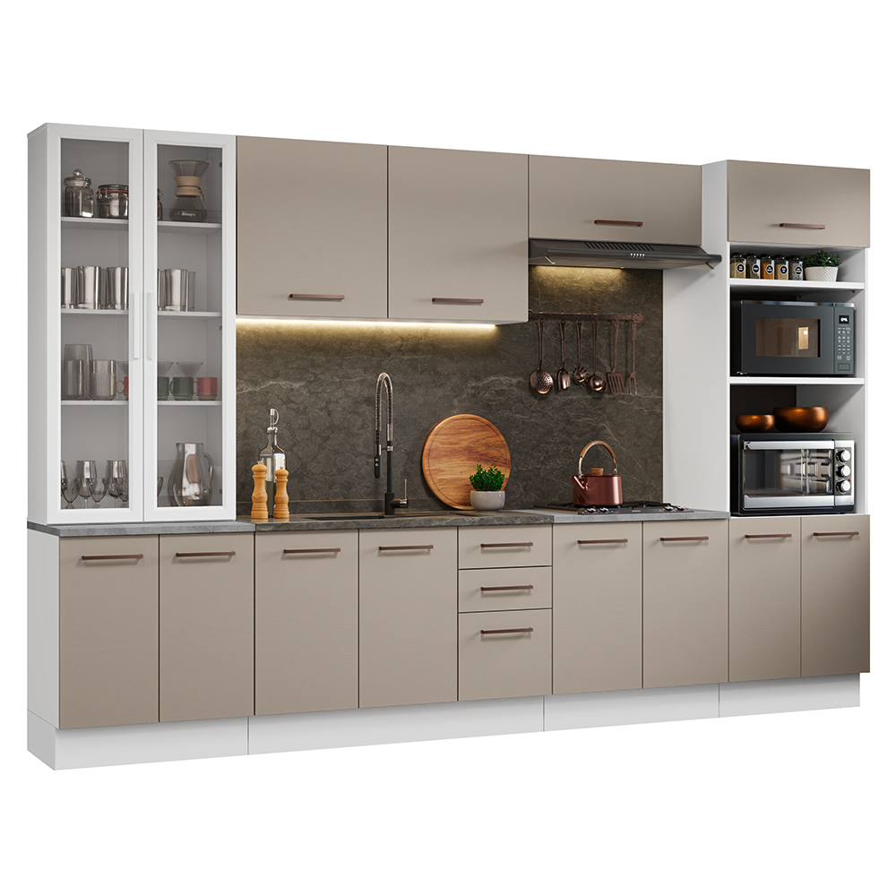 Armário de Cozinha Completa 340cm Branco/Crema Agata Madesa 01
