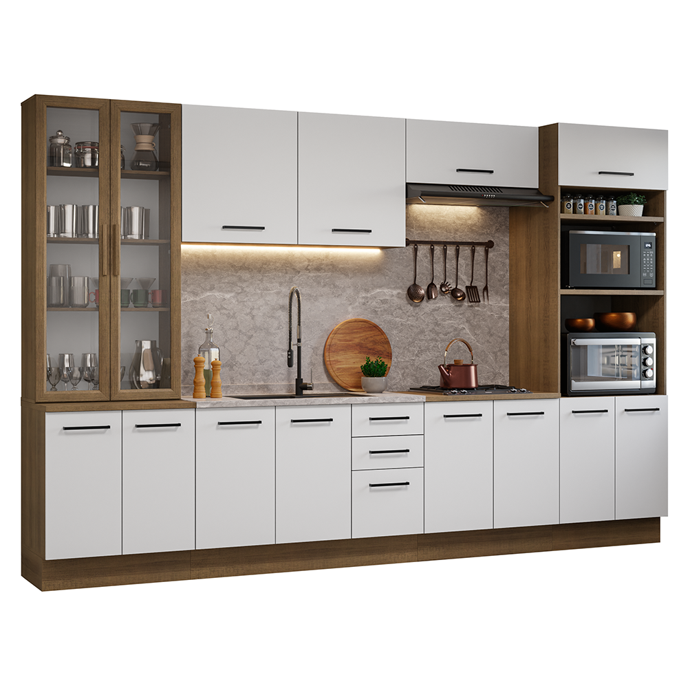Armário de Cozinha Completa 340cm Rustic/Branco Agata Madesa 01