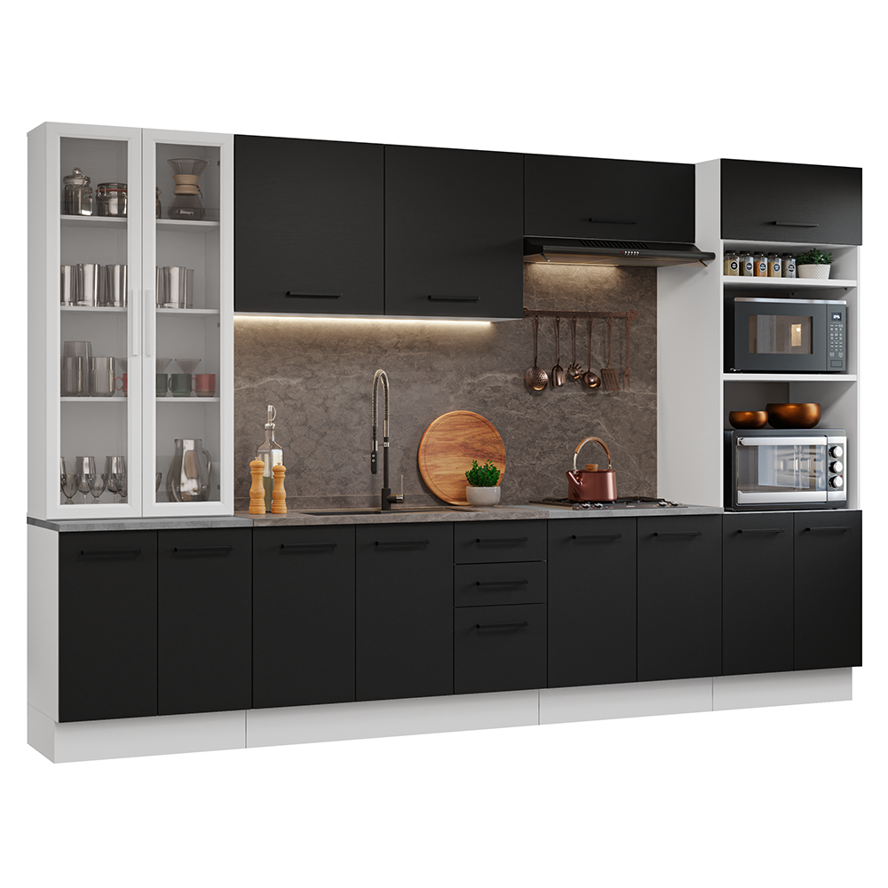 Armário de Cozinha Completa 340cm Branco/Preto Agata Madesa 01