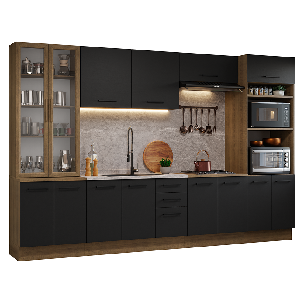 Armário de Cozinha Completa 340cm Rustic/Preto Agata Madesa 01