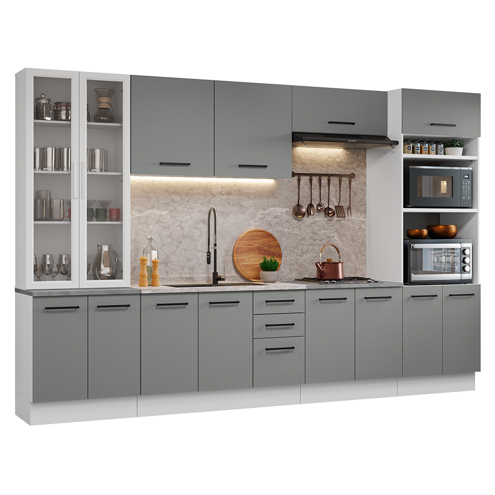 Armário de Cozinha Completa 340cm Branco/Cinza Agata Madesa 01