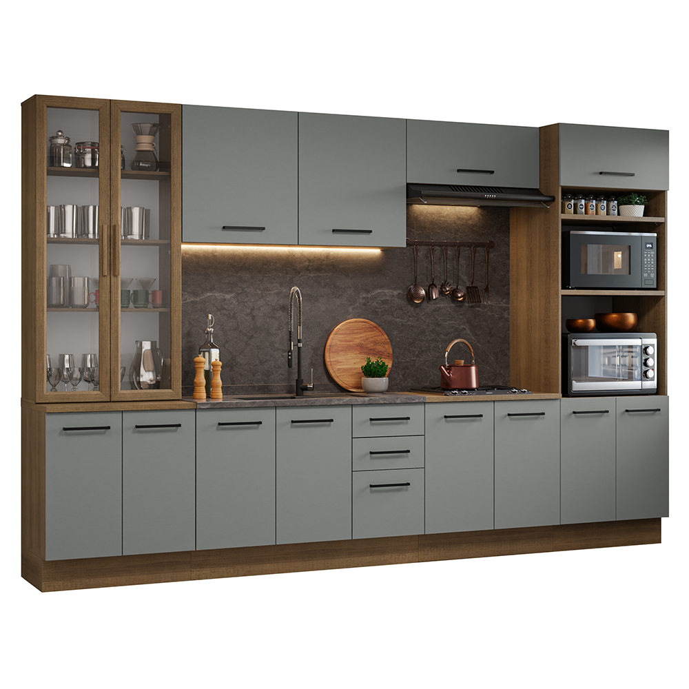Armário de Cozinha Completa 340cm Rustic/Cinza Agata Madesa 01