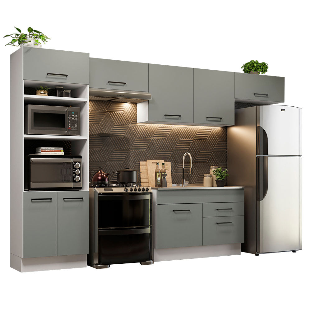 Armário de Cozinha Completa 350cm Branco/Cinza Agata Madesa 01