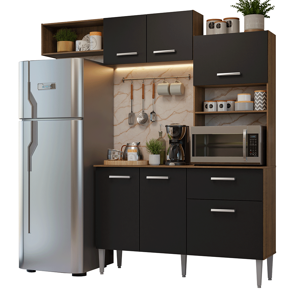 Armário de Cozinha Compacta 196cm Rustic/Preto Aura Madesa 01