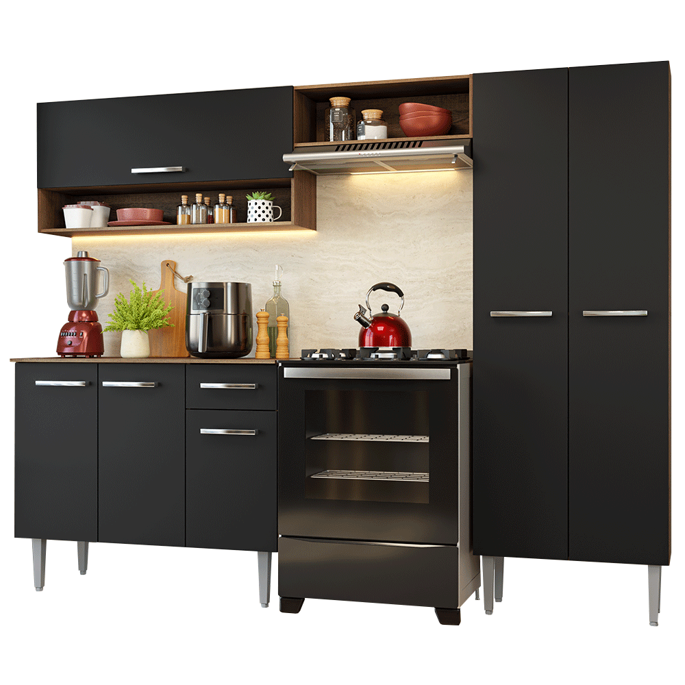 Armário de Cozinha Completa 220 cm Rustic/Preto Deli Madesa 01