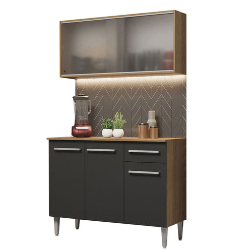 Armário de Cozinha Compacta Emilly 105cm com Armário e Balcão Rustic/Preto Emilly Madesa 01