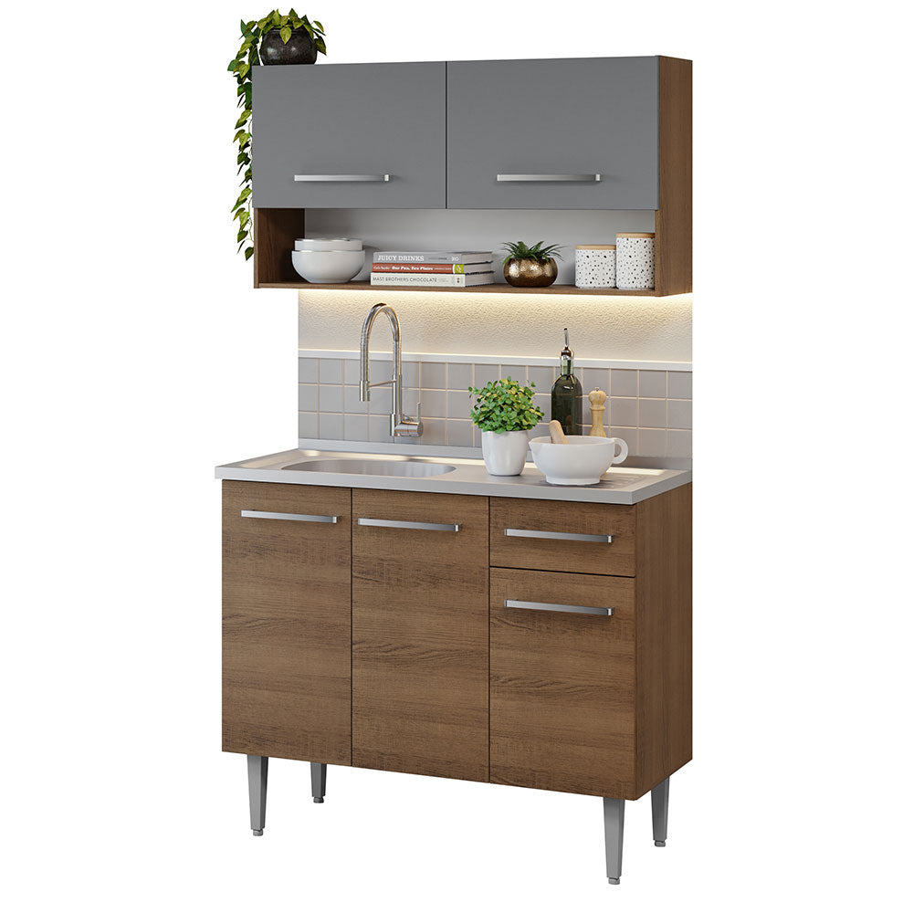Armário de Cozinha Compacta 105cm com Pia Rustic/Cinza Emilly Madesa 04