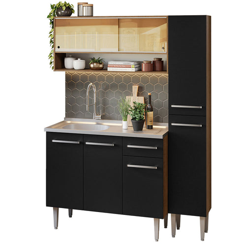Armário de Cozinha Compacta 137cm com Pia Rustic/Preto Emilly Madesa 10